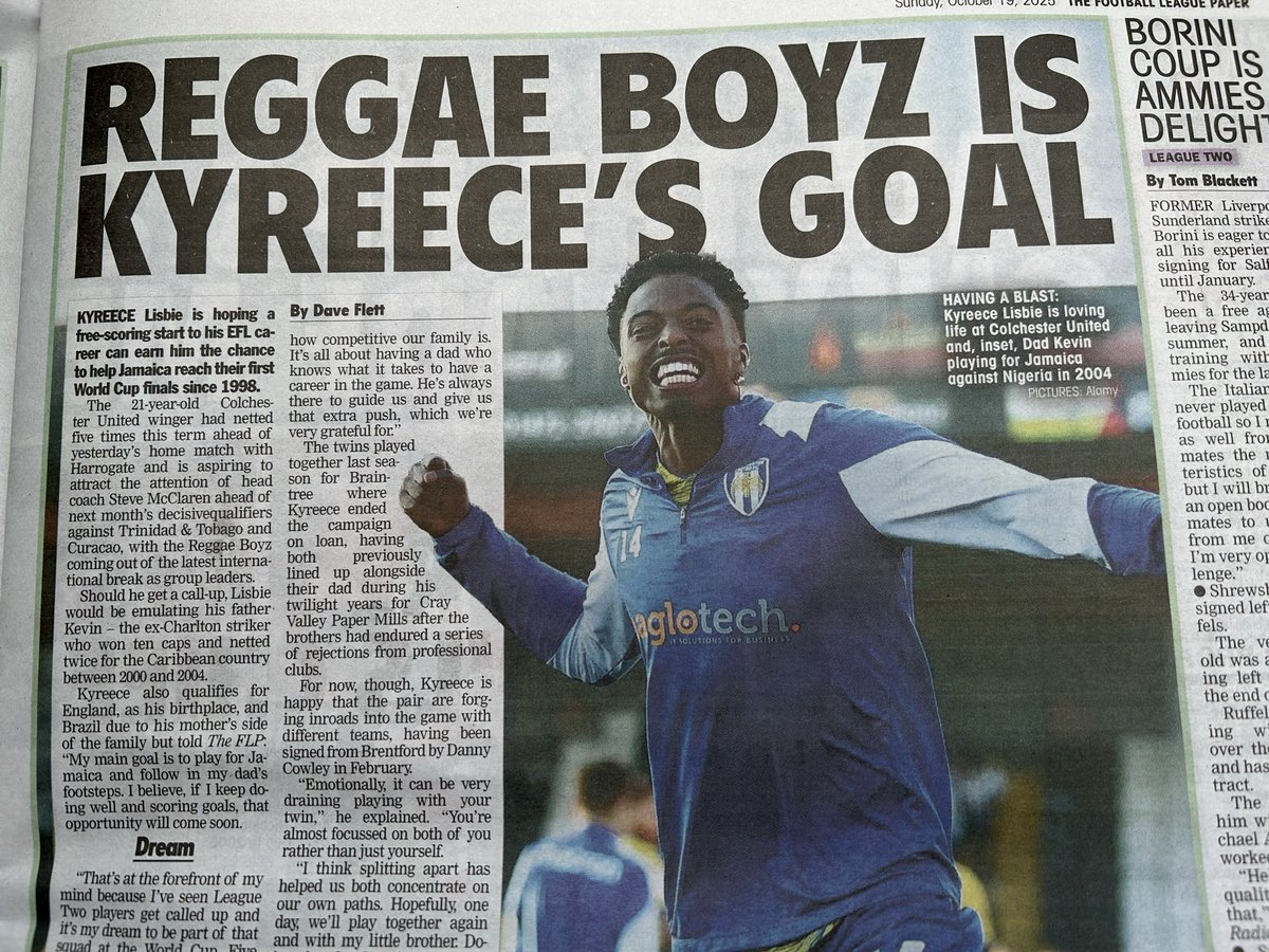 daveflettpress's tweet image. One for @ColU_Official fans. I spoke to Kyreece Lisbie who is hoping a free-scoring start to his @EFL career can earn him a chance to help @jff_football reach the World Cup finals. Full story in @TheLeaguePaper - in shops now and always great value for £2.20. #ColU #ReggaeBoyz