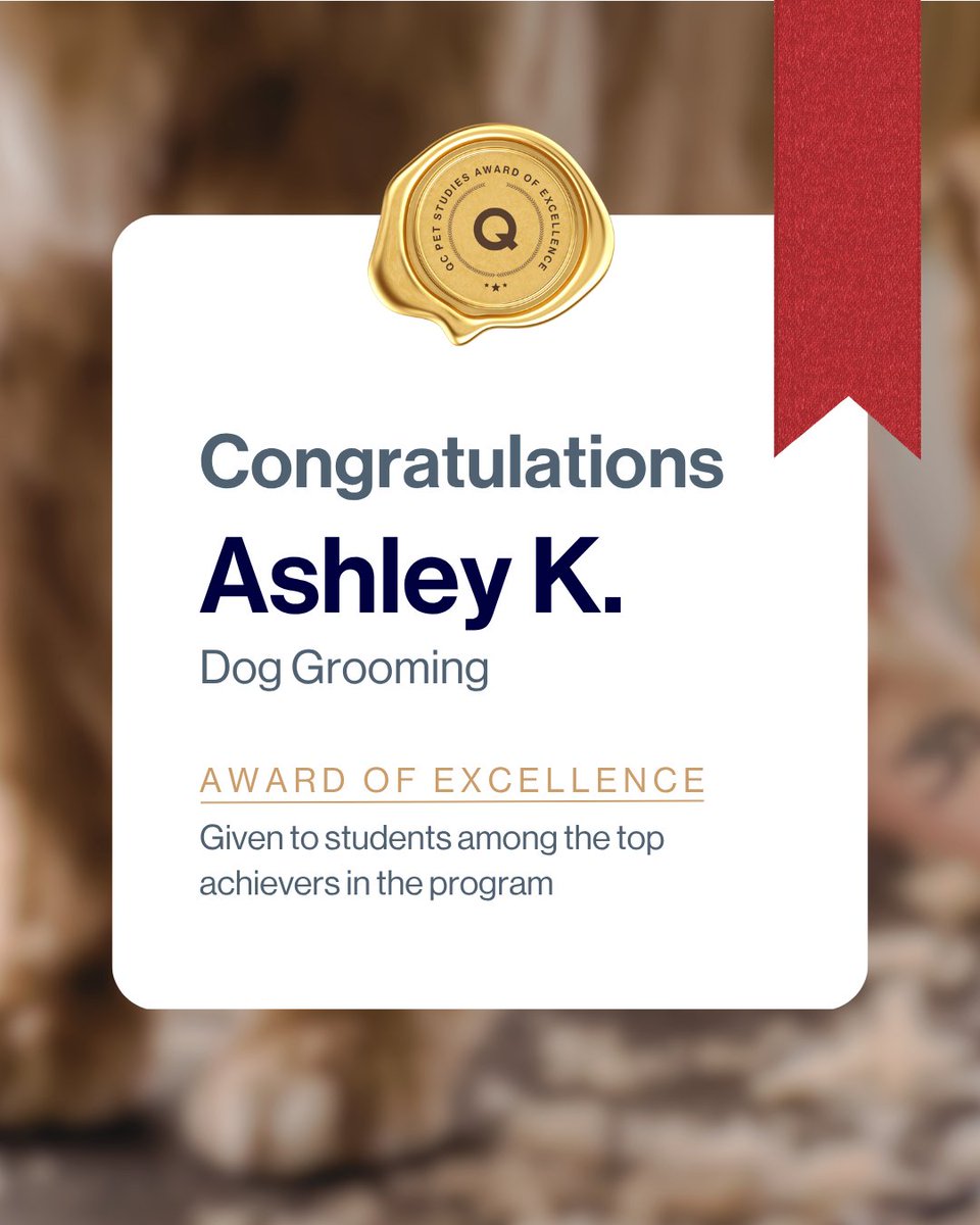 Congrats to this week’s Award of Excellence recipients! 🏆️⁠This honor is reserved for QC students who earn an A- or higher in their course work! 👏⁠
⁠
Start YOUR dream career with dogs today: 
🐶⁠tinyurl.com/2kun9pf5
⁠
#QCPetStudies #DogTraining #DogGroomer