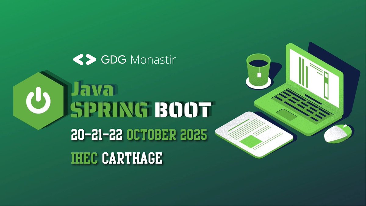 AhlemButterfly's tweet image. Join us for 3 exclusive Days of Hands-on coding and web app creation!
Oct 20: Online — Setup & IDE installation
Oct 21–22: In-person — Build your own Java Web App using Spring Boot & REST API
🎓Exclusive for IHEC Students!
Learn. Build. Launch.
#SpringBoot #GDGMonastir #Web