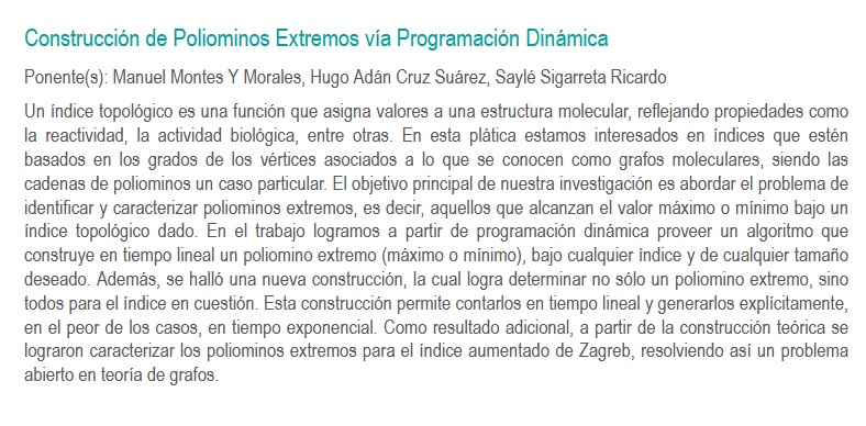Hoy comienza la edición 58 del Congreso Nacional de la Sociedad Matemática Mexicana #SMM2025, en la #BUAP. Muy orgulloso de la participación que tendrá mi hijo con el trabajo "Construcción de Poliominos Extremos vía Programación Dinámica".