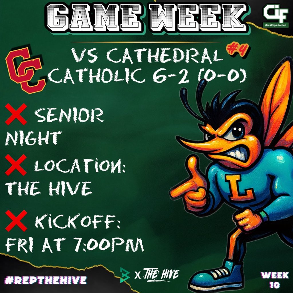 Game Week‼️
🍀 vs Cathedral Catholic (<a href="/Donsfootball/">CCHS Dons Football</a>)
🍀 League Game
🍀 Game Will Kickoff Friday @ 7pm
🍀 Ranked #4 in San Diego County
🍀 Previous Meeting: LIN 31 - CC 13 
#LincolnCertified 🍀 #RepTheHive