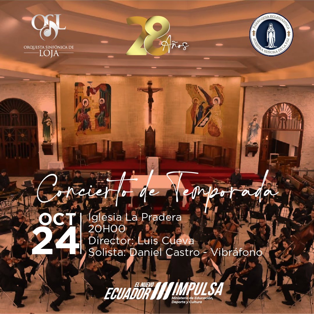 Seguimos de aniversario. 🥳
Este viernes 24 de octubre, a las 8pm en la Iglesia La Pradera, presentamos nuestro concierto con la dirección de Luis Cueva y el talento del percusionista Daniel Castro. Los esperamos. 🎶

#SomosOsl