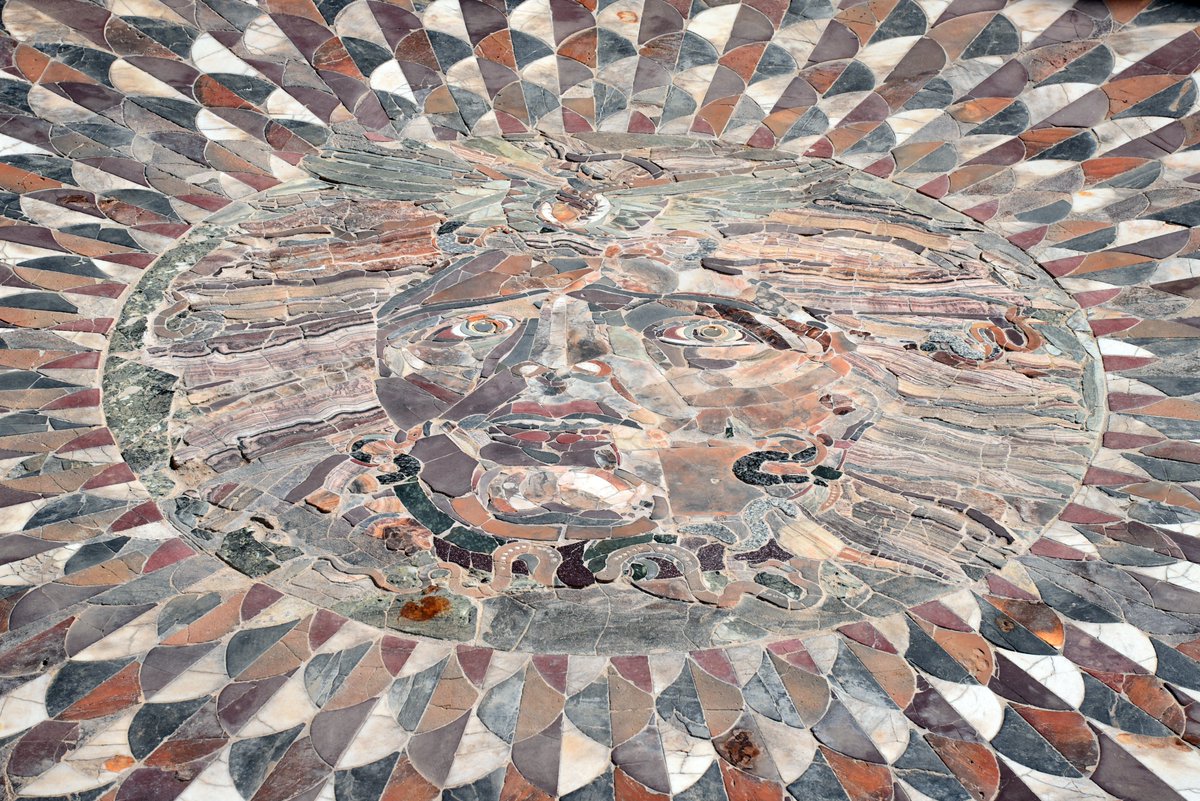 #MosaicMonday - Kibyra's captivating Medusa Mosaic. Made in opus sectile, a technique using thin marble slabs, the mosaic adorned the entire orchestra floor of the Roman Odeon in Kibyra, an ancient Greek city in southwestern Türkiye. Unearthed in 2009, the mosaic dates to the 2nd