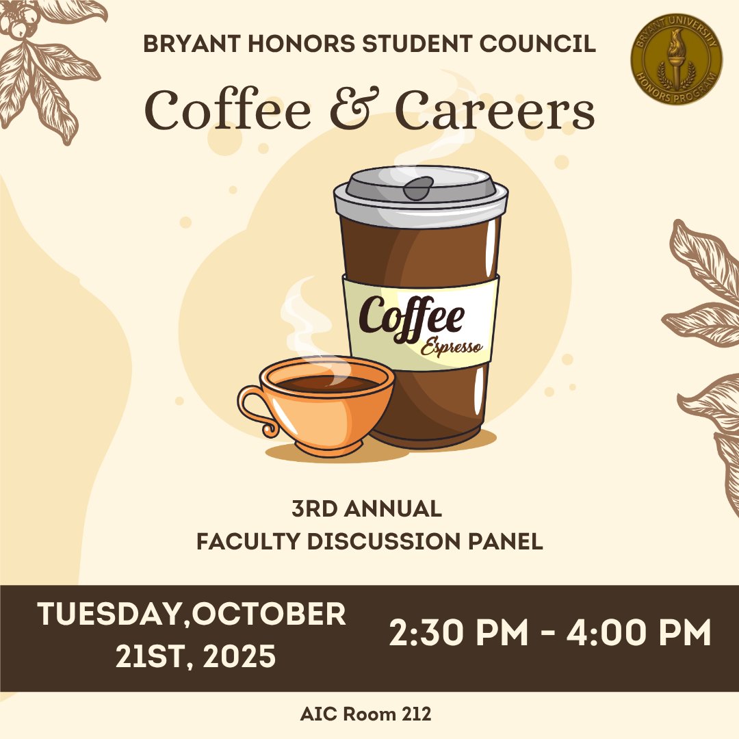 Join the Honors Program Student Council tomorrow, Tuesday, October 21st from 2:30–4:00 PM for the 3rd Annual Faculty Discussion Panel!

Enjoy coffee and conversation as faculty share valuable career advice and personal experiences.

📍 Location: AIC Room 212