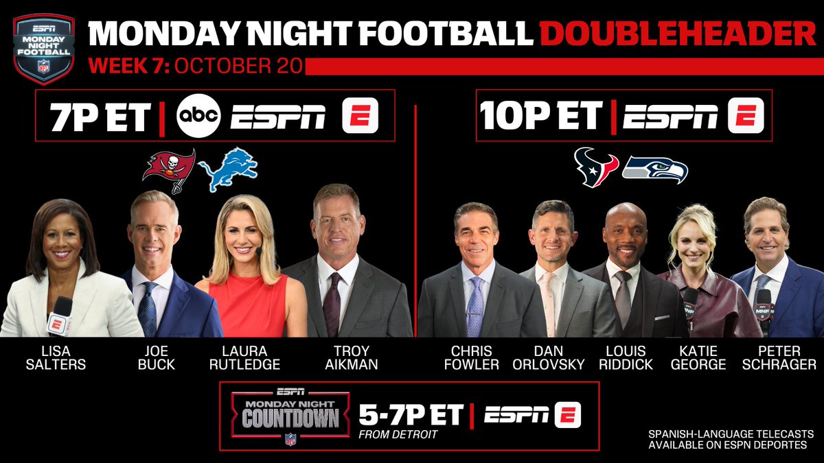Week 7 of Monday Night Football delivers a true doubleheader — the 2nd of the season🏈

10+ hours of #NFL coverage, ft. 6+ hours of game action from Detroit &amp; Seattle

<a href="/Buccaneers/">Tampa Bay Buccaneers</a>-<a href="/Lions/">Detroit Lions</a> &amp; <a href="/HoustonTexans/">Houston Texans</a>-<a href="/Seahawks/">Seattle Seahawks</a> marks the final Monday of the season with 2 games in 1 night