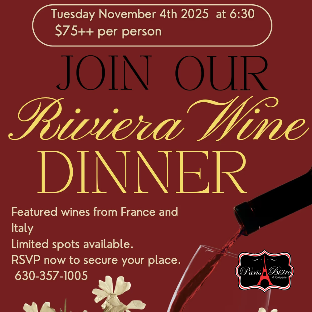 Get ready for a taste of the French Riviera—right here in Naperville! Join Paris Bistro   for an unforgettable Riviera Wine Dinner, featuring hand-crafted dishes perfectly paired with exquisite wines. Bon appétit!

dinenaperville.com/dining-special…

#dinenaperville #winedinner #parisbistro