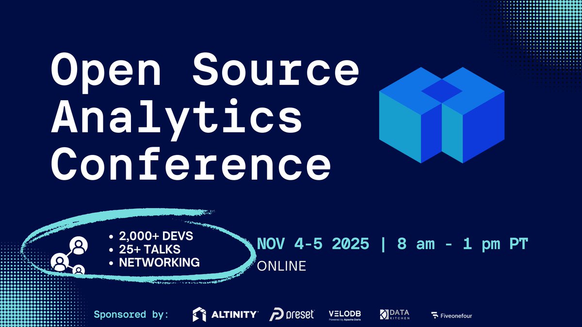 AltinityDB's tweet image. Open data, real-time analytics, and #AI—all in one place. ⚡

At #OSACon 2025 (Nov. 4–5), builders &amp;amp; practitioners will explore #ClickHouse®, #ApacheIceberg, #DuckDB, vector DBs, LLMs, observability, FAQ search, streaming, &amp;amp; more.

🎟️ Free + online → hubs.la/Q03Phf_P0