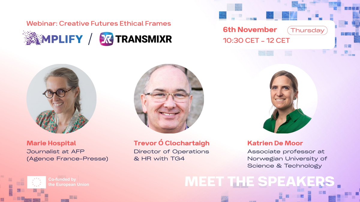 TRANSMIXR's tweet image. Meet the speakers of “Creative Futures, Ethical Frames” webinar 🌟
@TRANSMIXR & @amplify_eu  join again forces to explore how emerging technologies can be developed responsibly, balancing creativity, innovation, and ethics.
Join us🔗 f6s.com/creative-futur…