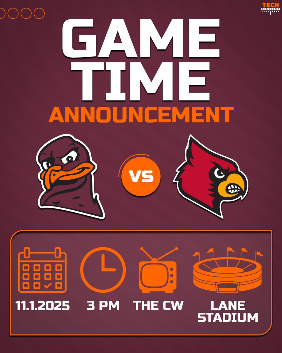 TechSideline's tweet image. Virginia Tech’s home game against Louisville on Nov. 1 is set for 3 p.m. ET on the CW.

#Hokies