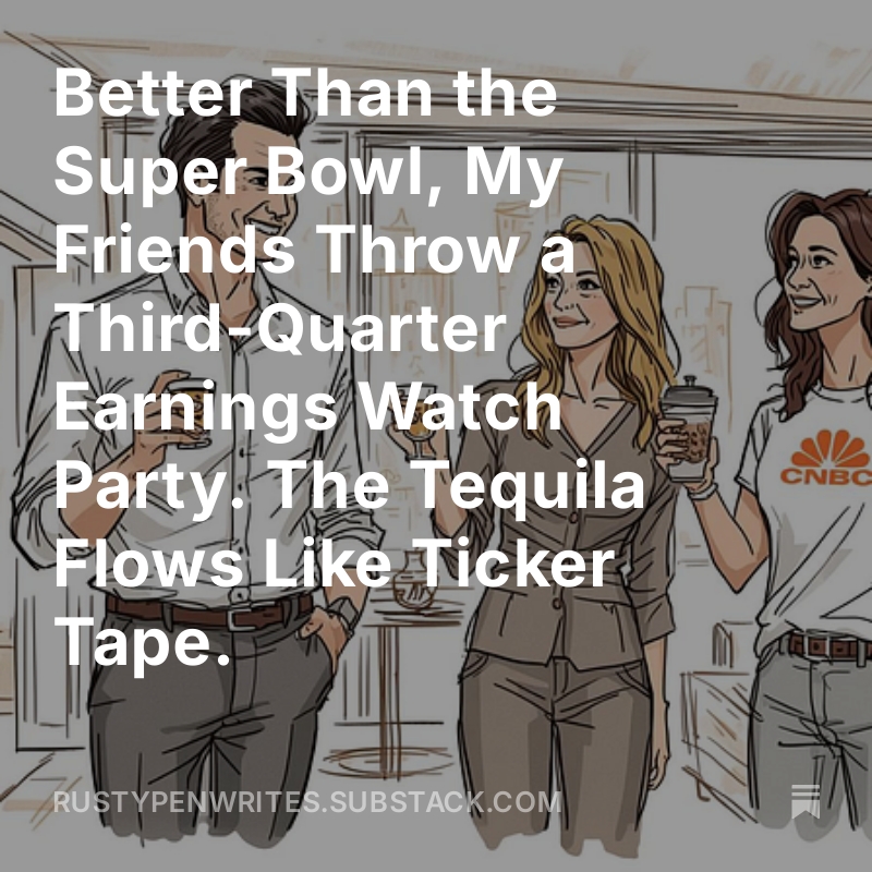 rustypenwrites's tweet photo. 'Tis the season to throw watch parties... The World Series. NFL Sundays. SNL is back.

So, what happens when my friends turn corporate earnings season into a full-on watch party event? Comedy ensues. With a surprise cameo from an old friend. 

Read it free➡️https://t.co/0wRP35ImUf

#humor #Satire #Earnings