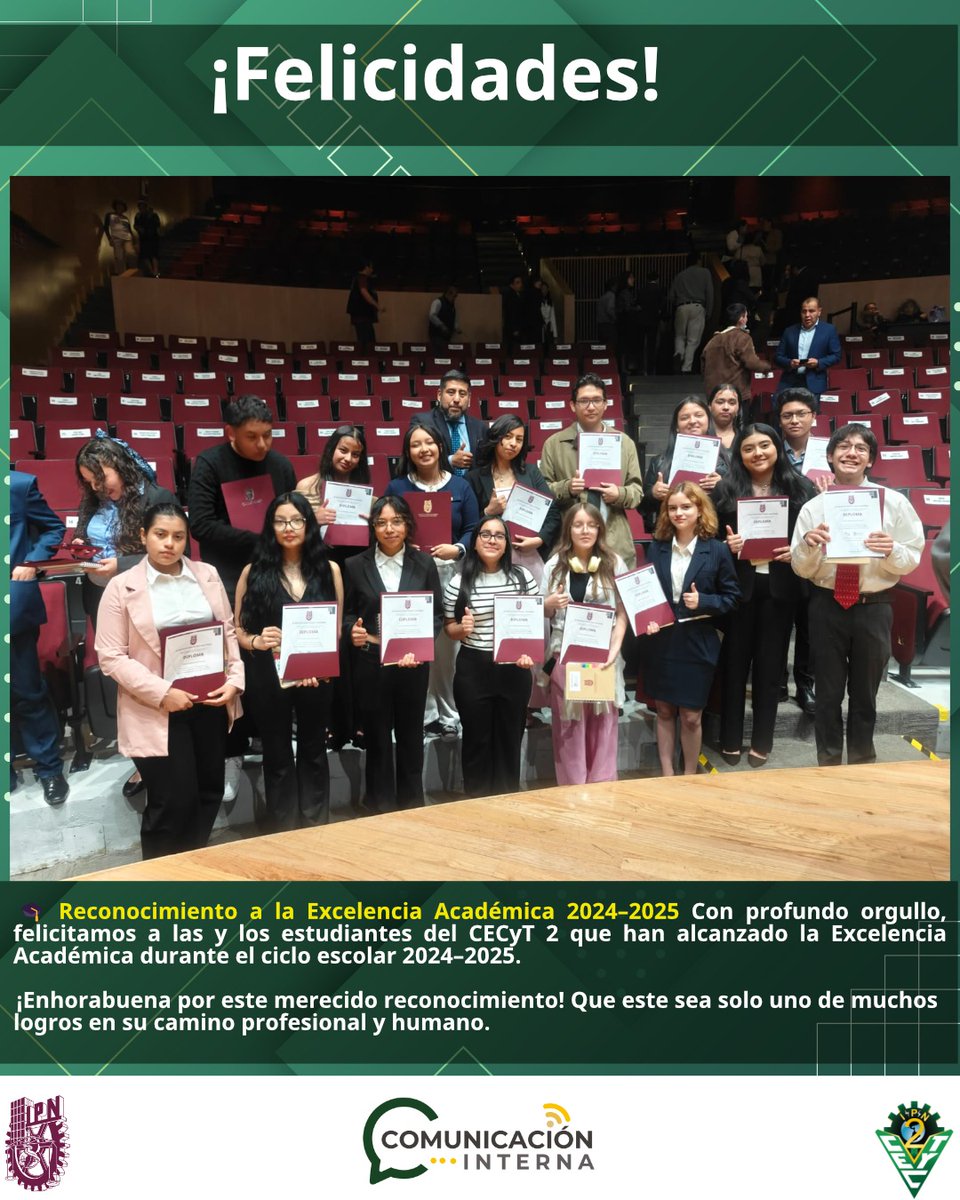 🎓✨ Reconocimiento a la Excelencia Académica 2024–2025 ✨🎓

Con profundo orgullo, felicitamos a las y los estudiantes del CECyT 2 “Miguel Bernard” que han alcanzado la Excelencia Académica durante el ciclo escolar 2024–2025.

#CECyT2 #ExcelenciaAcadémica #OrgulloPolitécnico