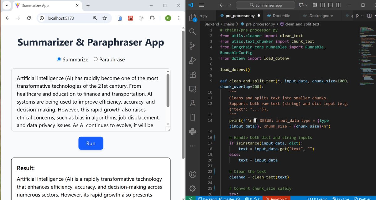 cee_code's tweet image. Tried on a small project — built an AI-powered Summarizer App with LangChain 🤖, just to see how far I could go 😅
Frontend: React ⚛️ + Tailwind 🎨
Backend: FastAPI ⚡ + LangChain 🧩
Next: adding paraphrasing, better UI,
#LangChain #FastAPI #React #AI #100DaysOfCode
