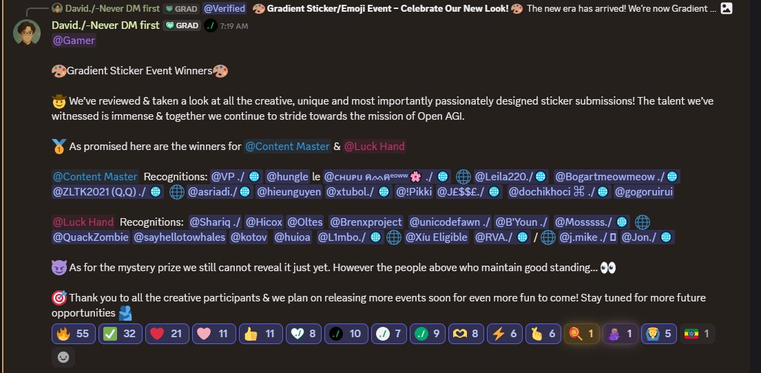 ./ Gradient Sticker Event Recognitions Are Out 🏆

💎 All recognitions have been granted at this time. We are honored to witness incredibly creative &amp; passionate pieces.

Thank you to all participants. More event opportunities for recognitions soon, stay tuned 👀

./ <a href="/Gradient_HQ/">Gradient</a>