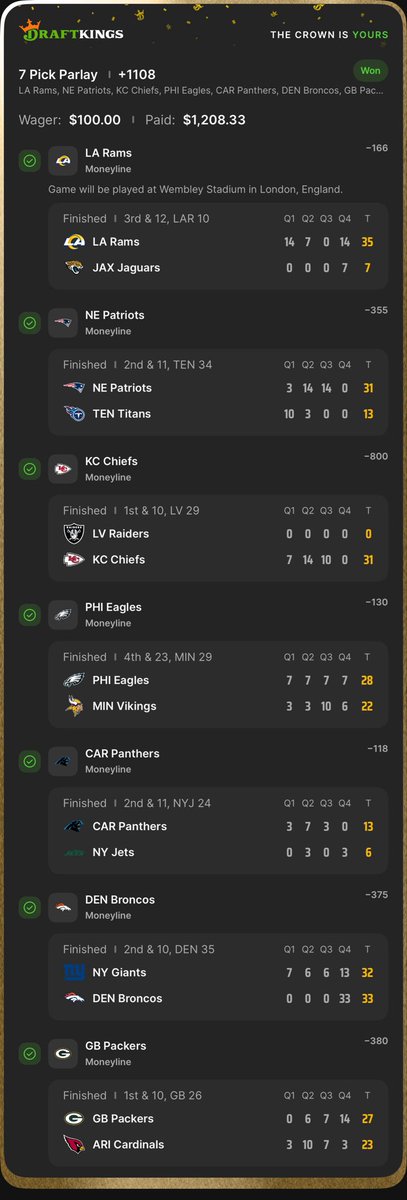 onlyparlays's tweet photo. Almost forgot to share this 7 leg ML winner from yesterday! 🔥

Huge Week 7 with the finale tonight 🚀 

Tap in with the @OnlyParlaysVIP squad 🤝 https://t.co/RBZGvSK27j