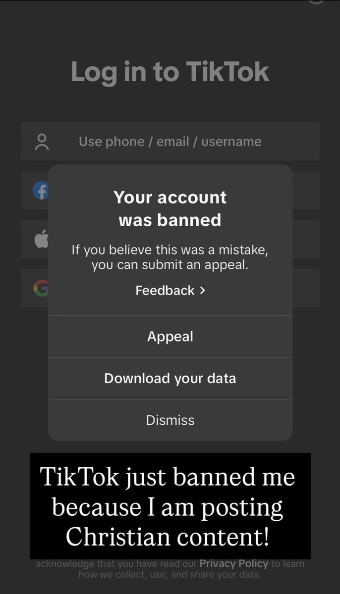 The Redeemed (@theironwarden) on Twitter photo TikTok just banned me.
The reason?
For posting Christian motivational and educational content while calling out the Christian persecution that we are facing. TikTok just banned me.
The reason?
For posting Christian motivational and educational content while calling out the Christian persecution that we are facing.