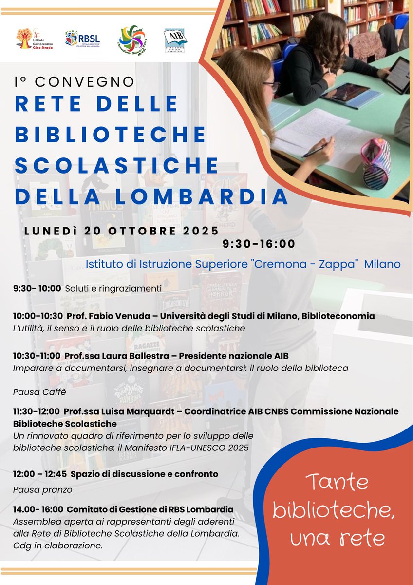 Oggi a Milano primo convegno della Rete delle Biblioteche Scolastiche Lombarde: 121 scuole che decidono di lavorare insieme su un tema cruciale per il futuro dei nostri alunni. Orgogliosi di aver contribuito alla sua nascita