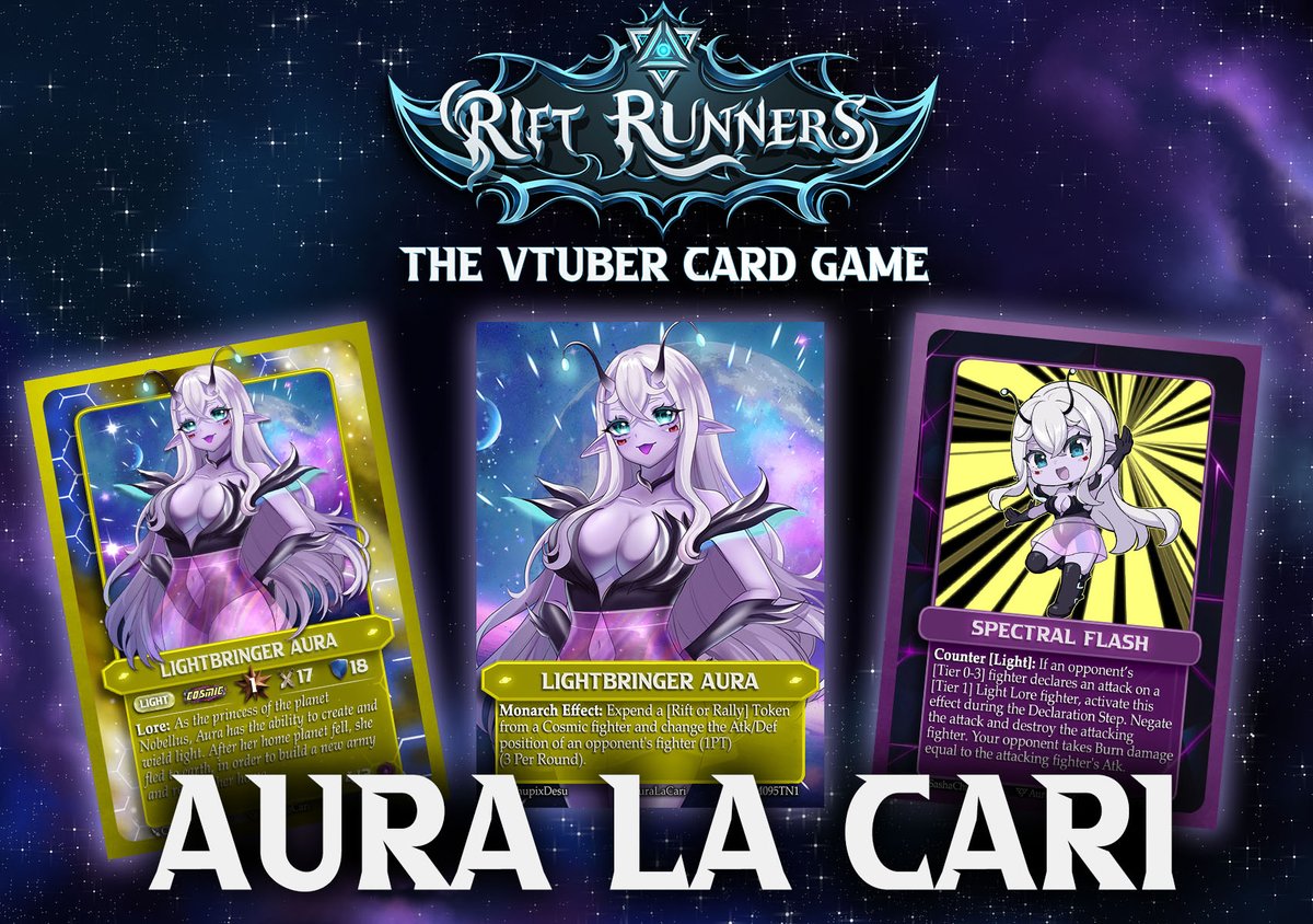 Set 4 Reveal: The invasion has begun! The lovable alien <a href="/AuraLaCari/">Aura 🛸</a> is bringing some cosmic chaos to the next set of Rift Runners!

(Art by <a href="/ChupixDesu/">Chupix Desu</a> and SashaChii) #RiftRunners #Vtuber #TCG