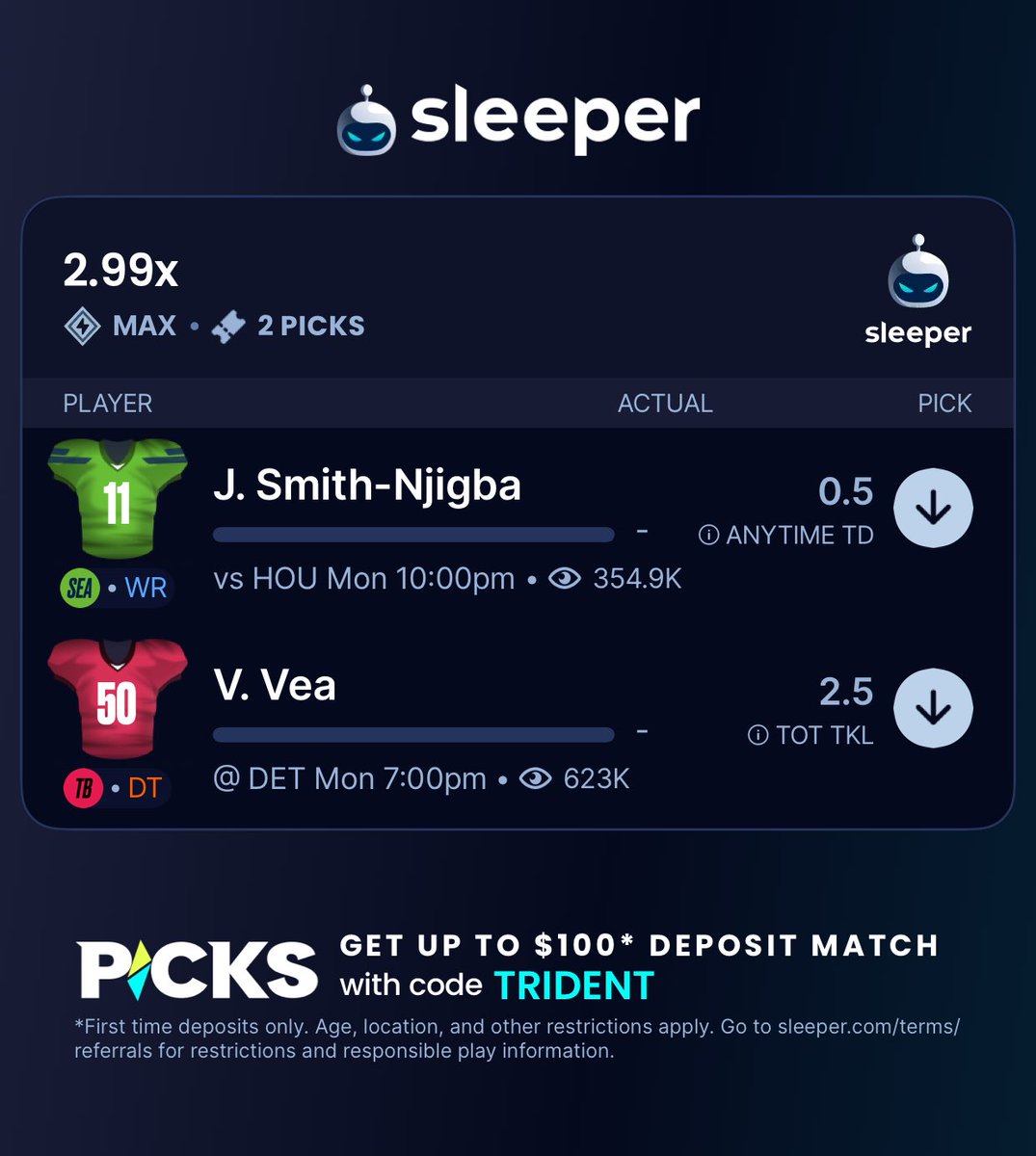 Rare +EV Sleeper slip for y’all ✌️

e.slpr.link/12860236794775…

LIKE ❤️ if tailing

#GamblingTwitter | #Sleeper