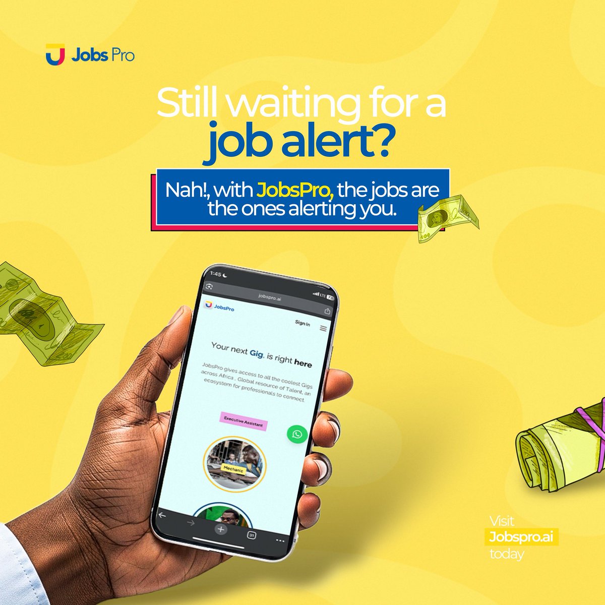 jobspro_ai's tweet photo. With JobsPro, jobs come looking for you. ๐
#JobsPro #FindYourGig #WorkSmart #SideGigAfrica #CareerGoals
#JobSearchSimplified #DigitalHustle #WorkWithEase #GigLife #JobsProAI https://t.co/j70FzzjYBc