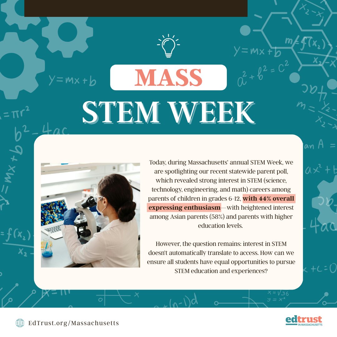 EdTrustMA's tweet image. Curiosity is the spark, but opportunity keeps it burning.

As we celebrate #STEMWeek, we’re reminded that interest in STEM is only the first step. 

Let’s bridge the gap between passion + possibility 📚🌟

#EdTrustMA #EquityInSTEM #MassSTEMWeek