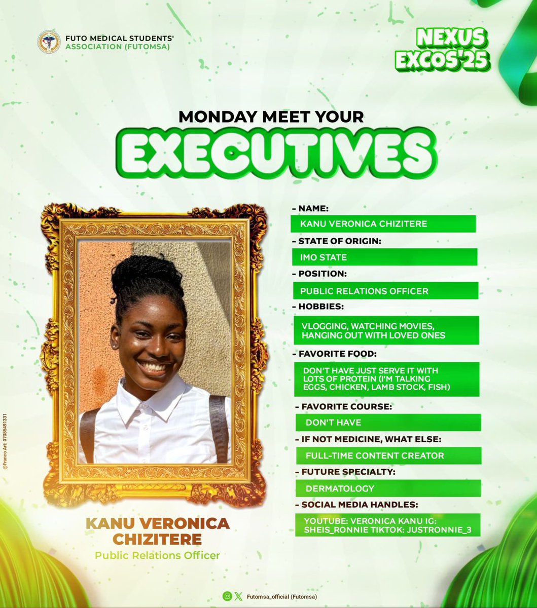 FUTOMSA's tweet photo. MONDAY MEET YOUR EXECUTIVES

 Episode 013

 KANU VERONICA

 PRO Of FUTOMSA https://t.co/IPklpc2m7G