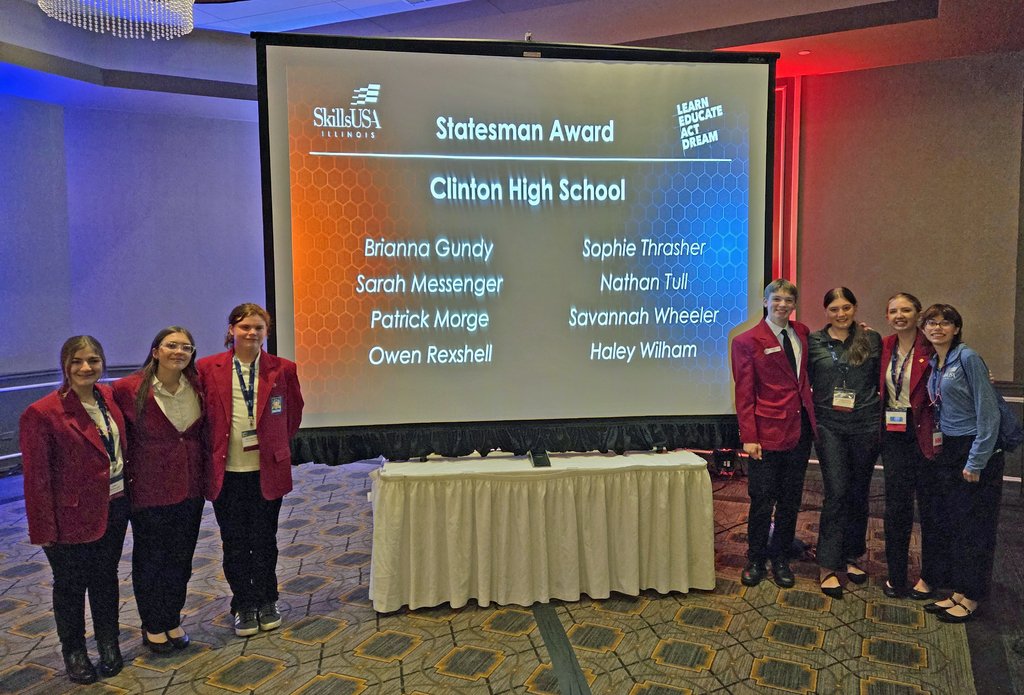 ClintonHS's tweet image. Congratulations to Brianna Gundy, Sarah Messenger, Patrick Morge, Sophie Thrasher, Nate Tull, Owen Rexshell, Savannah Wheeler, and Haley Wilham...winners of SkillsUSA IL Statesman Award.