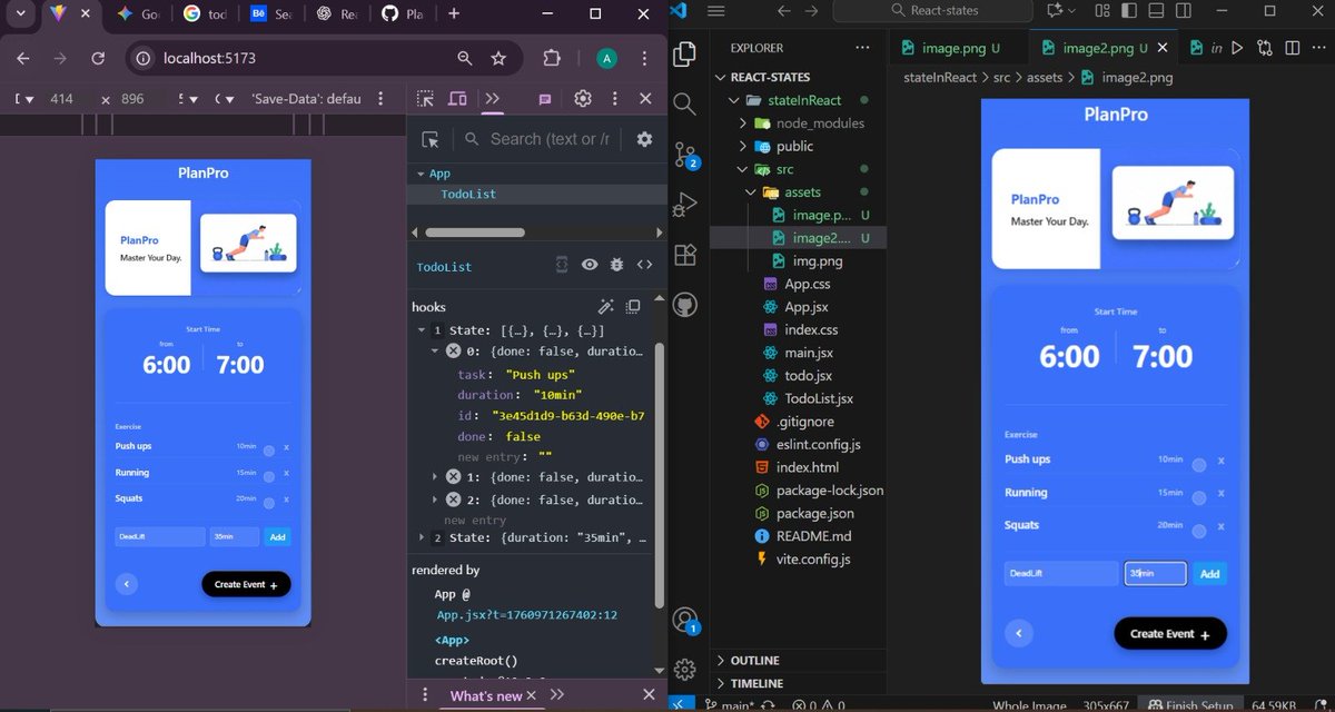 Aadi_deshmukh14's tweet image. Back after exams and diving in again!
Today's Progress 🚀
Covered key React concepts:
▹ Props & Array Passing
▹ Conditional Rendering
▹ Dynamic Styling
▹ Click Event Handling
Built a clean, blue-themed UI for PlanPro with React for practice! ⚡
#ReactJS #WebDev #Frontend