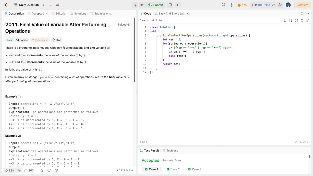 me_sajeeb's tweet image. ⚡ LeetCode Daily: Final Value After Operations ✅

Smart shortcut! Check middle char: op[1] == &apos;-&apos; ? decrement : increment. No string comparisons needed.

⚡ O(n) single pass 
🎯 Pattern recognition FTW 
💡 Clever &amp;gt; brute force

#LeetCode #CPlusPlus #CleanCode #100DaysOfCode