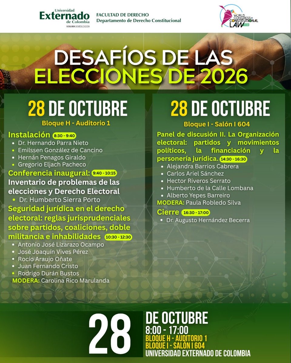 Departamento de Derecho Constitucional- UExternado (@derconstuec) on Twitter photo #Agéndate📢| El Departamento de Derecho Constitucional les invita a participar en el evento “Desafíos de las elecciones de 2026” en la Universidad Externado de Colombia.
📆 Martes 28 de octubre
📍 Auditorio 1 del Edificio H
⏰ 8:00 a.m. - 5:00 p.m.
 
¡Les esperamos! #Agéndate📢| El Departamento de Derecho Constitucional les invita a participar en el evento “Desafíos de las elecciones de 2026” en la Universidad Externado de Colombia.
📆 Martes 28 de octubre
📍 Auditorio 1 del Edificio H
⏰ 8:00 a.m. - 5:00 p.m.
 
¡Les esperamos!