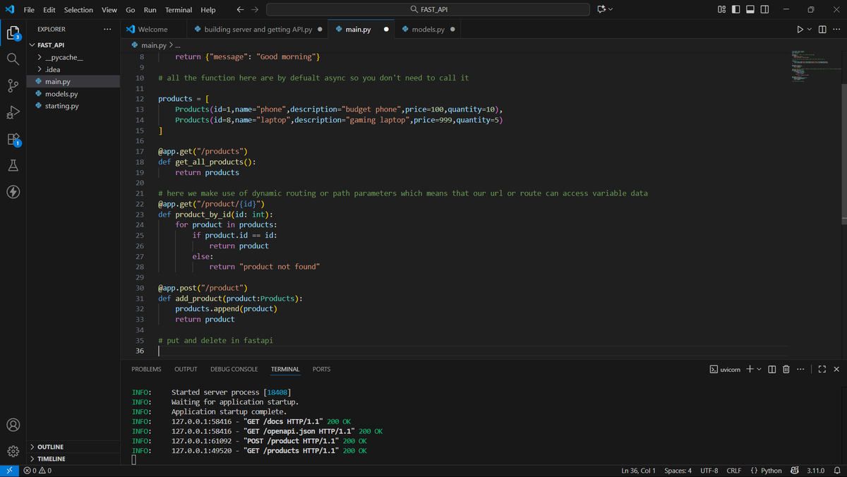 kayode_aki76318's tweet image. Day 15 🧩
Today I explored path parameters, POST requests, and more in FastAPI
Learned how to send data from the client to the server, handle dynamic routes, and return clean JSON responses. Everything’s starting to click 🔥
#Day15 #FastAPI #Python #BuildInPublic