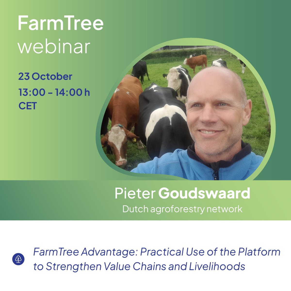 🌳 Pieter Goudswaard joins our “FarmTree Advantage” #webinar to share how #DigitalTools strengthen local #ValueChains in #Agroforestry.

🌱 Turning sustainable production into trusted markets!

👉 Register: agroreforest.eu/event/farmtree…
#ReForest #FarmTree #Agroecology #ClimateAction