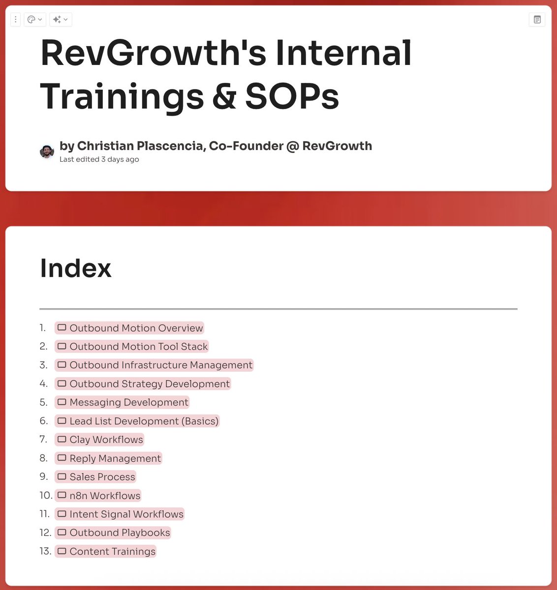 coldemailchris's tweet image. This document contains all 78 outbound trainings and SOPs we’ve developed at RevGrowth to train our staff, resulting in over 10,000 leads generated for our clients.

What’s covered in this doc:

&amp;gt; How we’re using AI to automate 80% of our fulfillment
&amp;gt; 22 Clay &amp;amp; n8n automation…