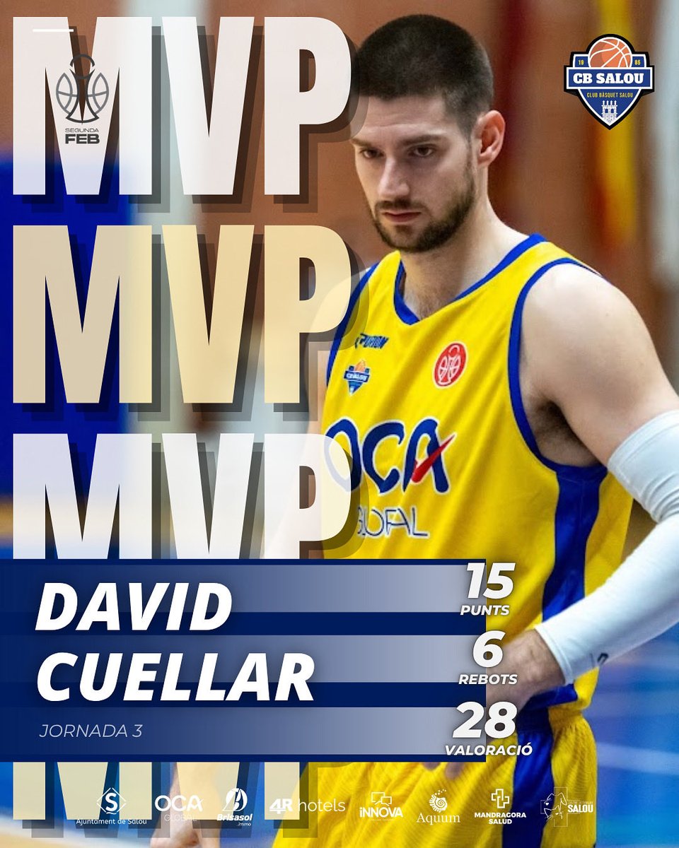 Novament, el nostre 𝐌𝐕𝐏 de la 𝐣𝐨𝐫𝐧𝐚𝐝𝐚 ha estat 𝐃𝐚𝐯𝐢𝐝 𝐂𝐮𝐞𝐥𝐥𝐚𝐫! 🙌

3️⃣ partit consecutiu demostrant la seva constància i lideratge dins la pista!

15 punts | 2 assistències | 6 rebots | 28 valoració 💪

#sombàsquet #somsalou #juntsfenthistòria #sempreendavant