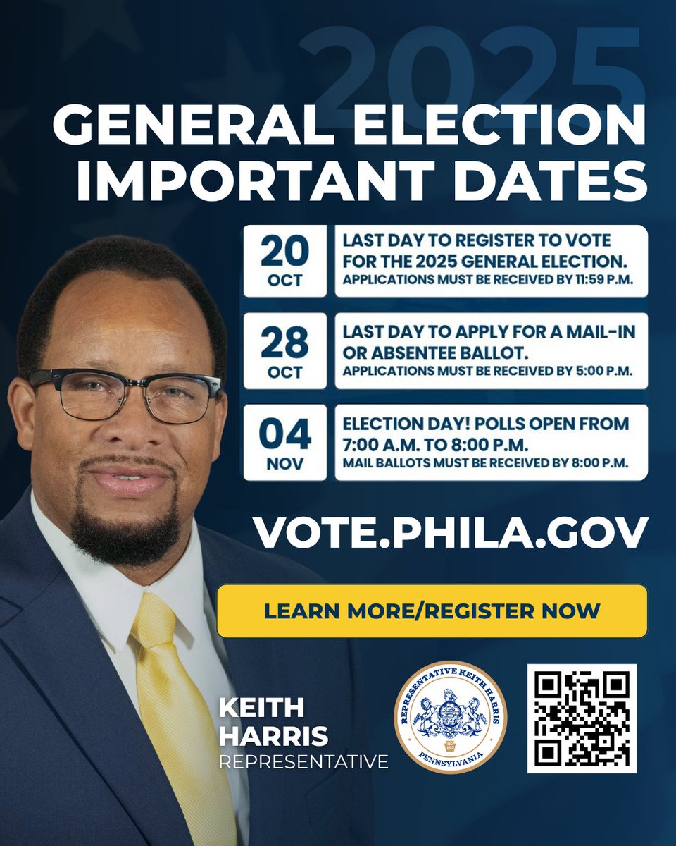 RepKeithHarris's tweet image. Today is the last day to register to vote in the November 4 election. You can register by visiting vote.pa.gov/Register or visiting VOTE.PHILA.GOV