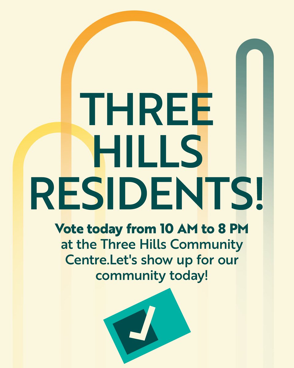 CommStrongAB's tweet image. Three Hills! Vote today for your Mayor, council &amp;amp; school board trustees. Polls are open 10 AM to 8 PM at the Three HIlls Community Centre. Don’t forget your ID!

Already voted? Share it with our “I Voted” toolkit! app.sosha.ai/toolkit/f91f5a… 

#CommunityStrongAB #IVotedAB