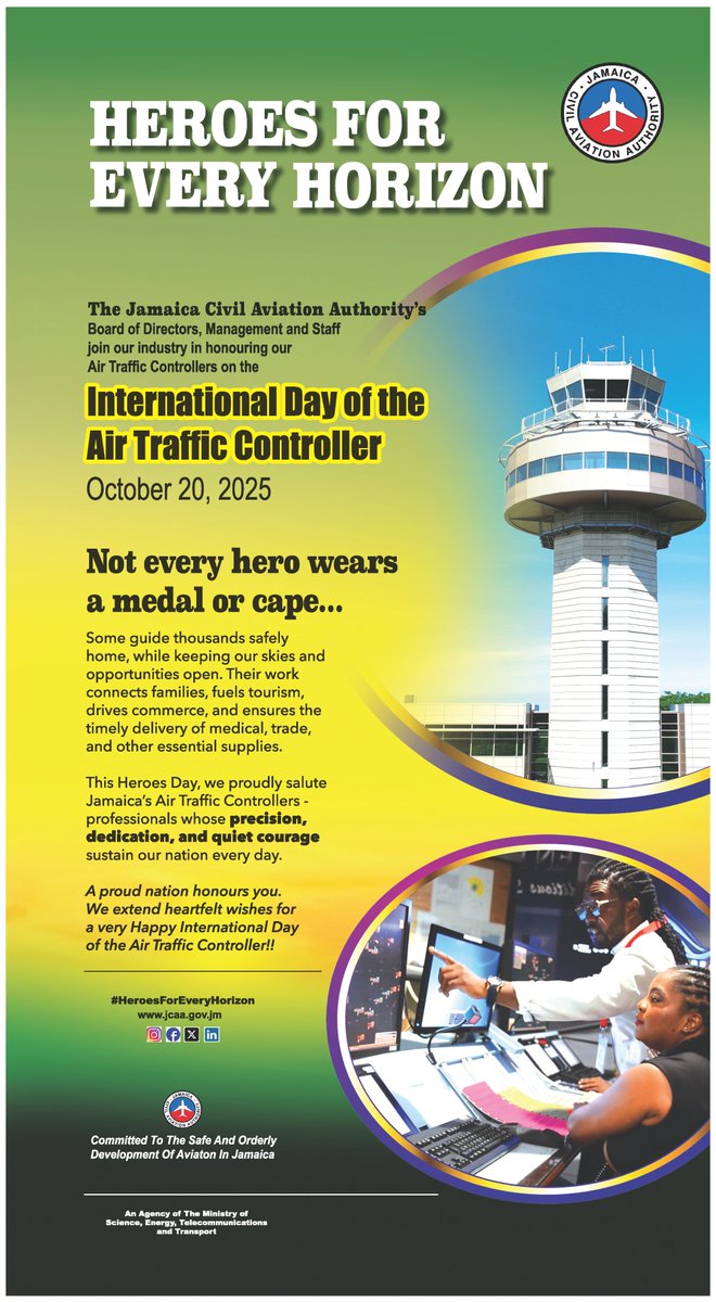 JCAA_NEWS's tweet image. 🎧 To the Voices Who Guide the Skies
Every safe journey depends on your vigilance.
From tower to radar, Jamaica’s Air Traffic Controllers keep every route orderly, every flight protected.
🎖️ Salute to our ATC professionals. Heroes for Every Horizon! 🇯🇲

 #AirTrafficControl #JCAA