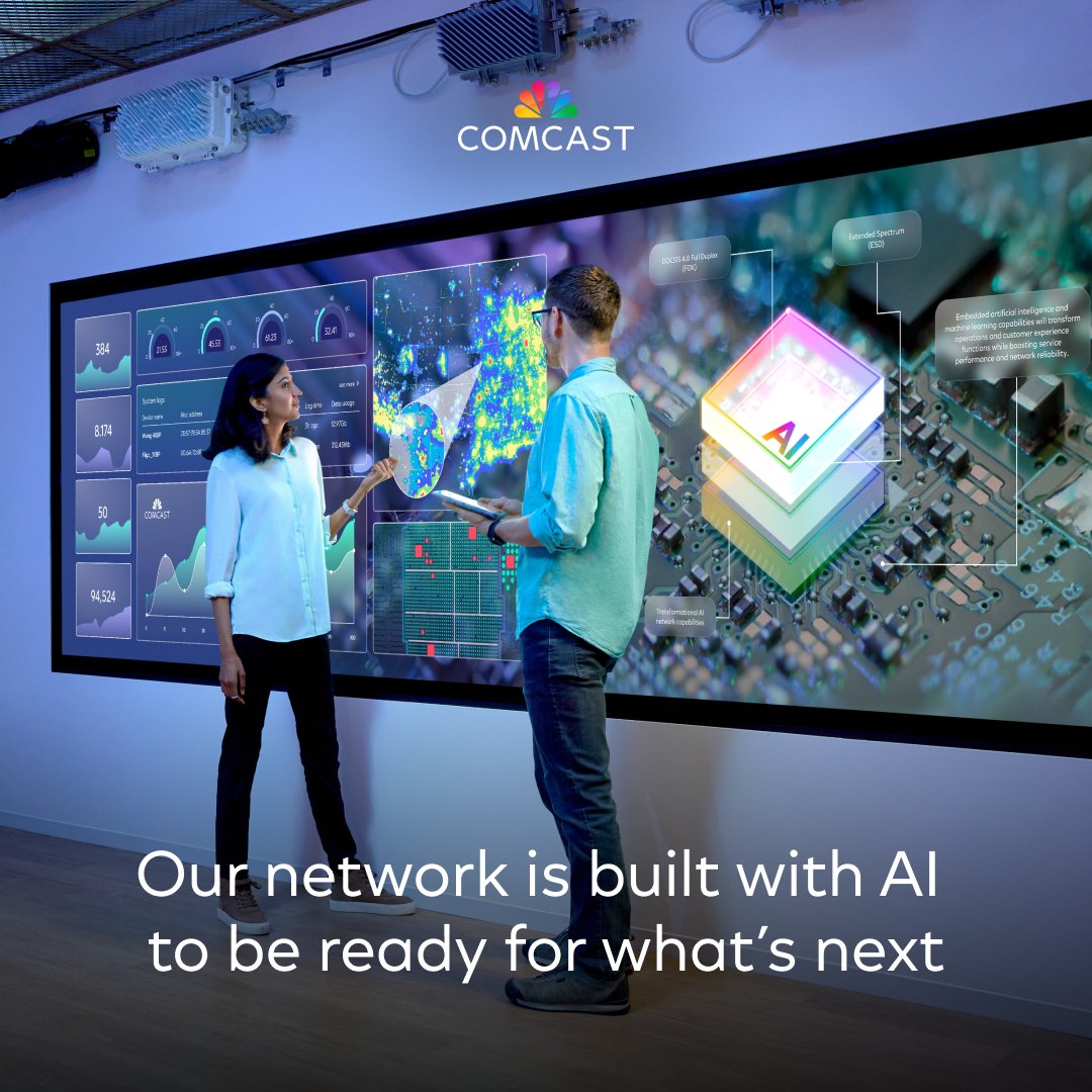 comcast's tweet photo. We're embedding artificial intelligence deeper into our broadband infrastructure than ever before to build the smartest network in America that delivers unmatched reliability, multi-gigabit speeds, ultra-low latency and enhanced security to customers.