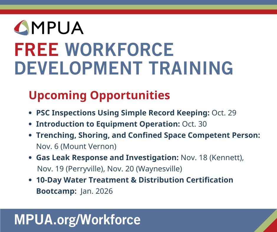 Looking to build your skills &amp; boost your career in public utilities? MPUA is offering FREE training sessions this fall &amp; winter.

Funded by the Workforce Training Grant from the MO Department of Economic Development (DED).

MPUA.org/Workforce.