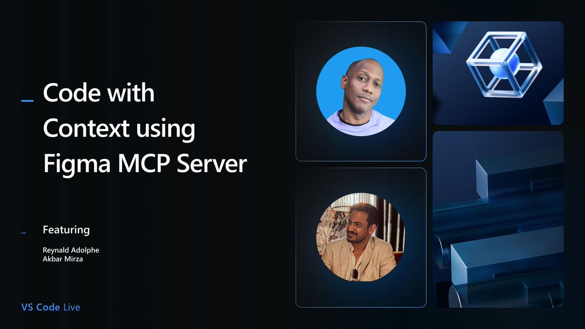 code's tweet image. 🎨 On this week's VS Code Live @actuallyakbar will demo how the remote @Figma MCP server and new Code Connect updates bring design and codebase context into VS Code
📅 Mark your calendar for Thursday, October 23 at 8 am PT and join us: youtube.com/live/1DwXS__CV…