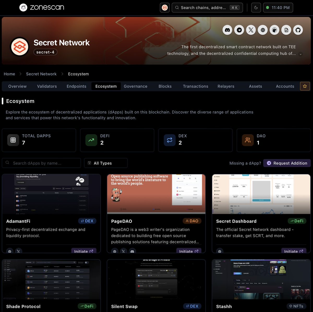 Cosmonaut Stakes | Validator ⚛️ (@cosmonautstakes) on Twitter photo Did you know Zonescan lets you browse verified dApps on <a href="/SecretNetwork/">Secret Network</a>? 👀
From DeFi to DEXs and DAOs, the Ecosystem tab shows what’s currently live, with more projects building behind the scenes. 👀
Check it out now! $SCRT
🔗 zonescan.io/secret/ecosyst… Did you know Zonescan lets you browse verified dApps on <a href="/SecretNetwork/">Secret Network</a>? 👀
From DeFi to DEXs and DAOs, the Ecosystem tab shows what’s currently live, with more projects building behind the scenes. 👀
Check it out now! $SCRT
🔗 zonescan.io/secret/ecosyst…