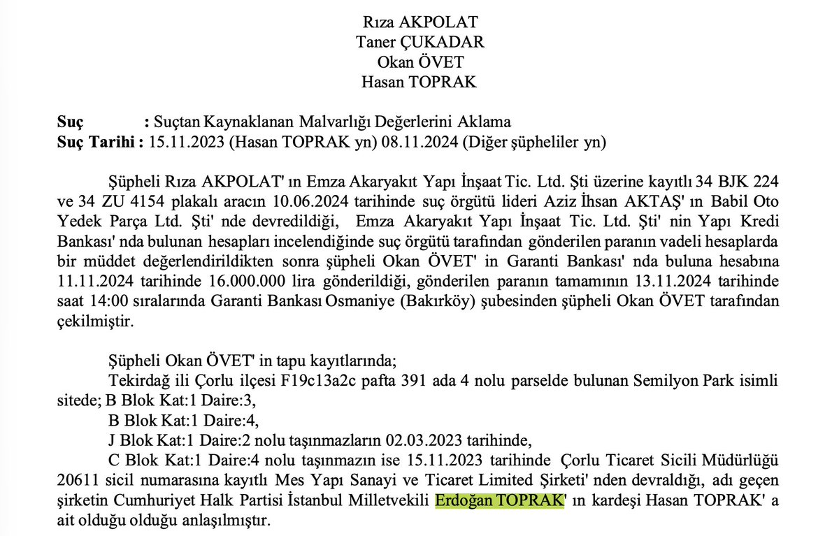 Beşiktaş Belediyesi'ne yönelik İstanbul Savcılığı iddianamesi: Rıza Akpolat ve iş insanı A. İhsan Aktaş liderliğinde ihaleye fesat karıştırıldığı, 100 Milyon TL rüşvet dağıtıldığı iddia ediliyor.

Kara para aklama iddialarında oklar CHP'li vekil Erdoğan Toprak'ın kardeşi Hasan