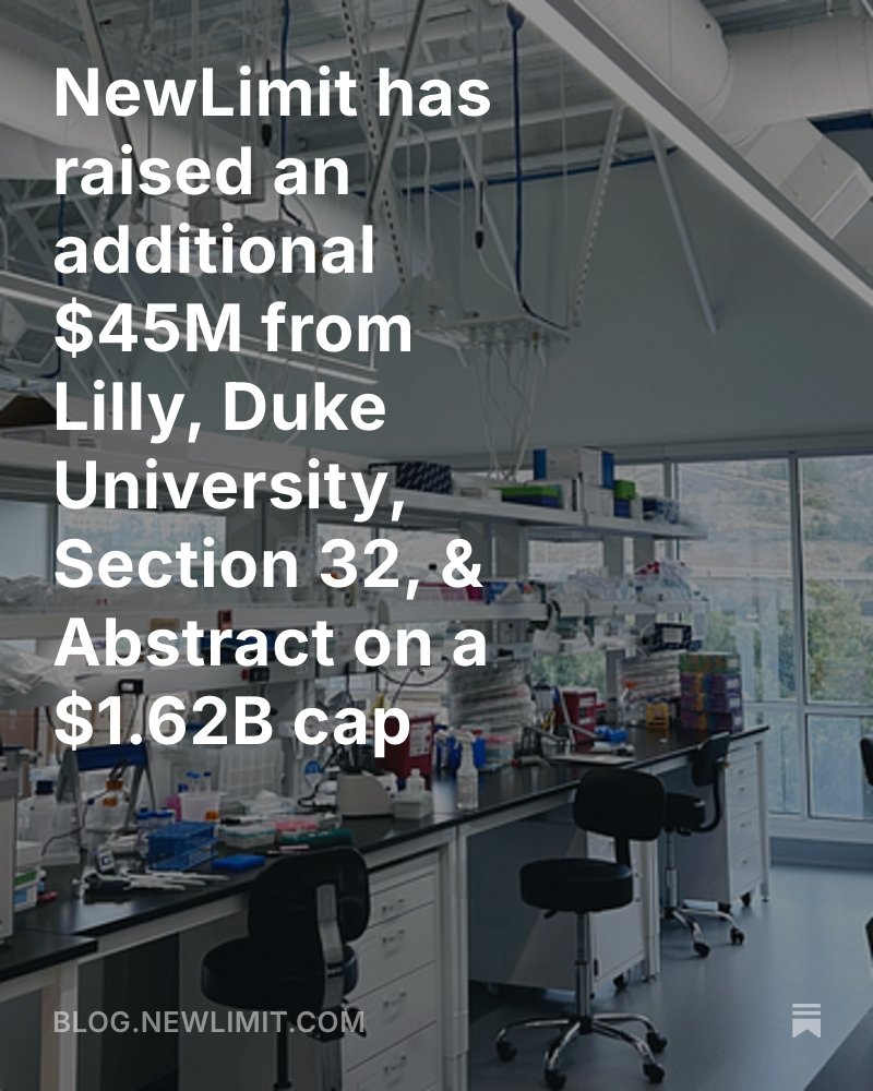 .<a href="/newlimit/">NewLimit</a> has raised an additional $45M from new investors including Lilly Ventures, Duke University, <a href="/S32_VC/">S32</a>, <a href="/AbstractVC/">Abstract</a> &amp; others. 

Insiders including <a href="/kleinerperkins/">Kleiner Perkins</a>, <a href="/_DimensionCap/">DIMENSION</a>, <a href="/humancapital/">Human Capital</a>, <a href="/BoostVC/">Boost VC</a> also participated. 

This round was catalyzed by technical