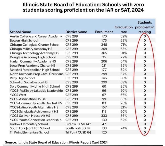 A table titled Illinois State Board of Education on IAR or SAT 2024 lists schools such as Bowen High School and Career Academy in district CPS 299 with enrollment 175 graduation 59% and proficient in reading 0, Chicago Military Academy HS in CPS 299 with enrollment 249 graduation 79% and proficient in reading 0, Chicago Technology Academy HS in CPS 299 with enrollment 305 graduation 94% and proficient in reading 0, Harold Washington College Prep HS in CPS 299 with enrollment 177 graduation 85% and proficient in reading 0, Legal Prep Academy Charter HS in CPS 299 with enrollment 146 graduation 88% and proficient in reading 0, McKinley-Lakeside High School in CPS 299 with enrollment 96 graduation 85% and proficient in reading 0, Michele Clark High School in CPS 299 with enrollment 83 graduation 28% and proficient in reading 0, North Lawndale College Prep HS in CPS 299 with enrollment 113 graduation 61% and proficient in reading 0, Ogden International High School in CPS 299 with enrollment 320 graduation 36% and proficient in reading 0, Perspectives Leadership Academy in CPS 299 with enrollment 142 graduation 36% and proficient in reading 0, Phillips Academy High School in South FO SD 142 with enrollment 73 graduation 4% and proficient in reading 0, Senn High School in South FO SD 142 with enrollment 130 graduation 7% and proficient in reading 0, sourced from Illinois State Board of Education Illinois Report Card 2024.