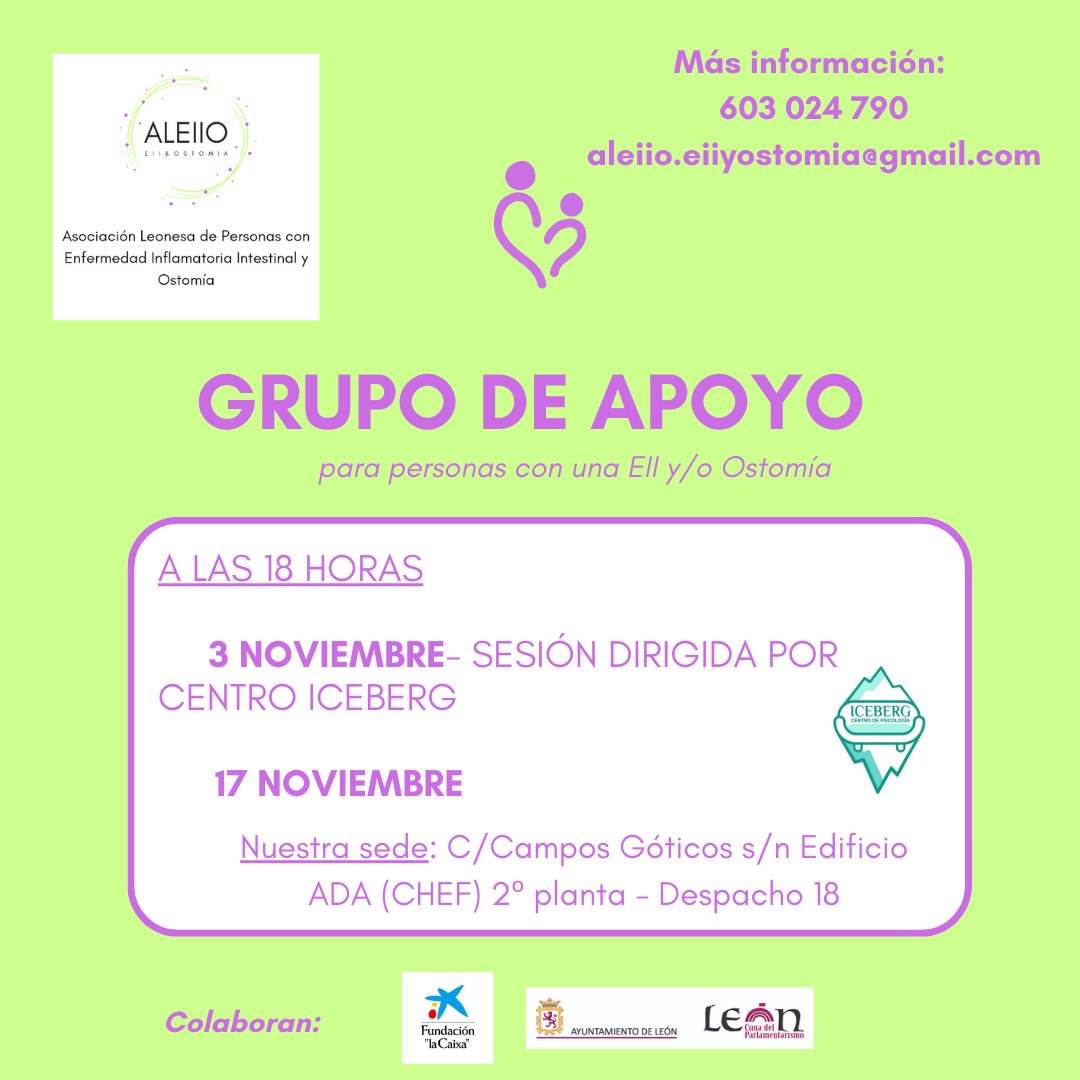 Comenzamos el mes con dos sesiones nuevas de nuestro #GrupoApoyo para personas con EII y/o Ostomía

Esta tarde y el lunes 17 de noviembre

Quieres mas info o unirte, ponte en contacto con nosotros:
603 024 790
aleiio.eiiyostomia@gmail.com

#GrupoApoyo #Ostomia #EII #Leonesp