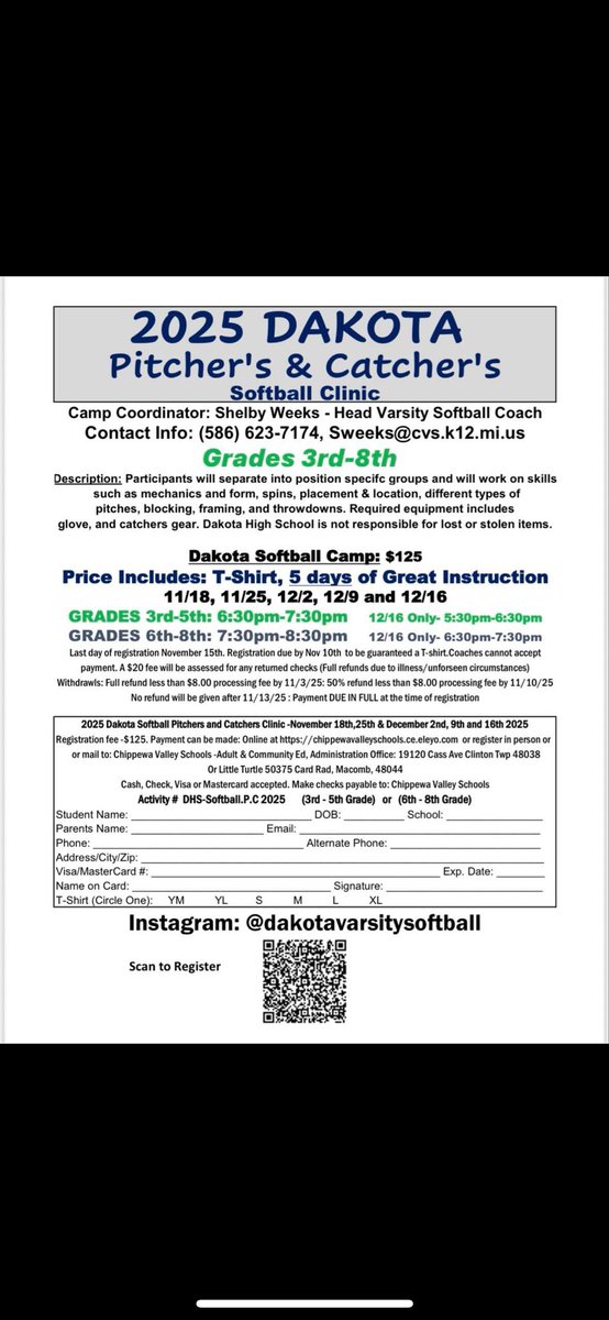 We have room in our pitchers and catcher clinic! 3rd-5th has plenty of room available, 6th-8th is limited in space! Joins us for instruction that will help develop the battery on the field! 

Use the link below to register🤩
chippewavalleyschools.ce.eleyo.com/course/1082/ca…