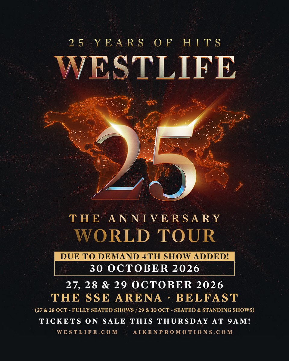 westlifemusic's tweet photo. Belfast, WOW!! Due to demand, another night has been added at the SSE Arena! 💫 Thank you for 25 amazing years. We can’t wait to celebrate with you!

Tickets on on sale at 9am this Thursday 23rd October! 
https://t.co/9VAKbJCz1t https://t.co/SPCHUSIdoZ