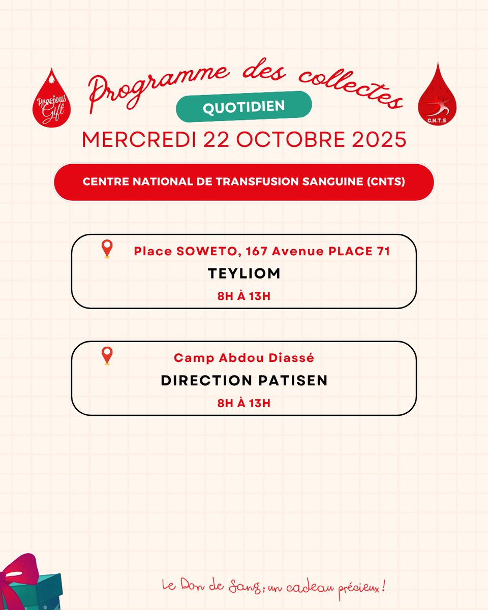 🎀 Ce mercredi 22 oct, on donne pour la vie 💗
📍 Teyliom – Place Soweto
📍 Patisen – Camp Abdou Diassé
🕗 8h–13h
#OctobreRose #DonDeSang #PreciousGift #CNTS