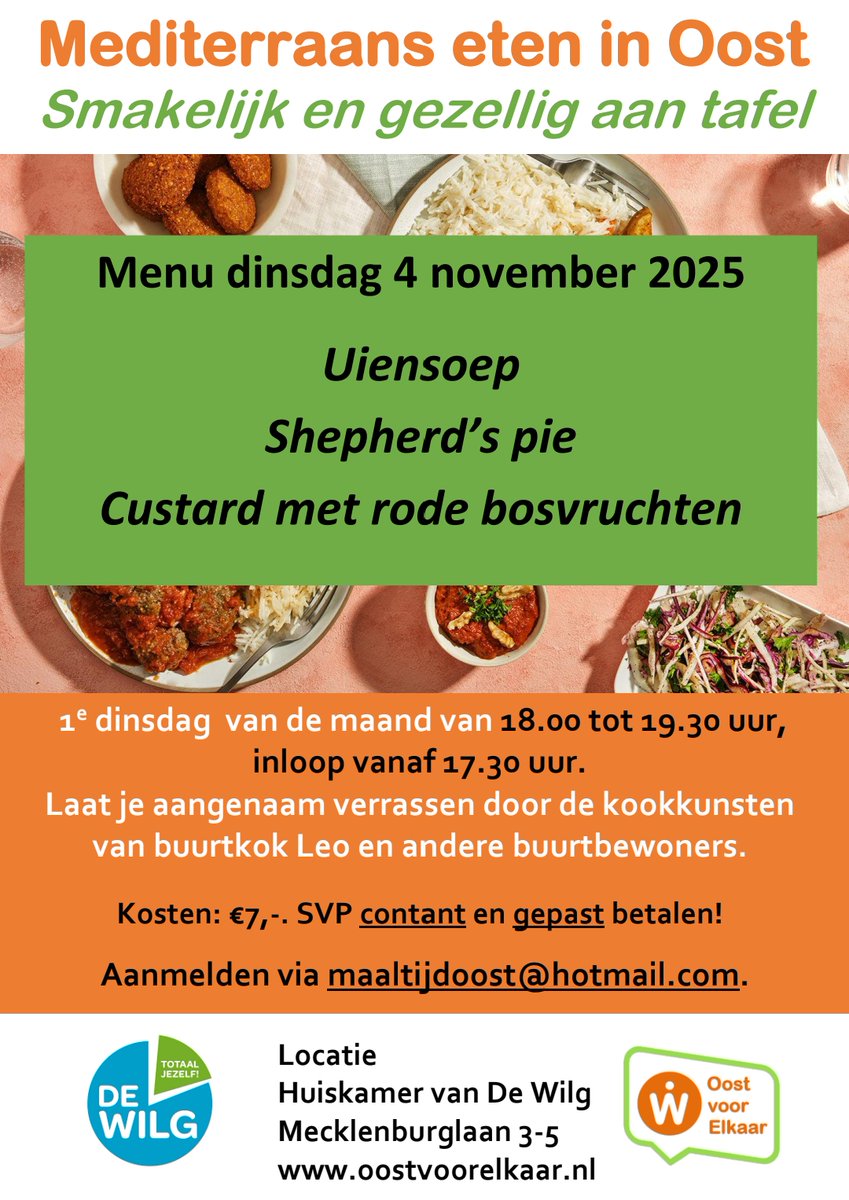 Kom je dinsdag 4 november een keertje meegenieten? Smakelijk en gezellig aan tafel met buurtgenoten.

SVP aanmelden via: maaltijdoost@hotmail.com