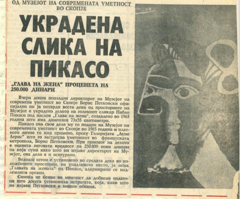 Додека сме на тема кражби од музеи, дали знаете дека сликата која ни ја подари Пикасо во 1963 год. - Глава на жена, била украдена на 17 ноември 1971 година, од постојаната изложба на Музејот на современата уметност во Скопје?
Денес, ќе дознаете тука подетално за случајот 🧵