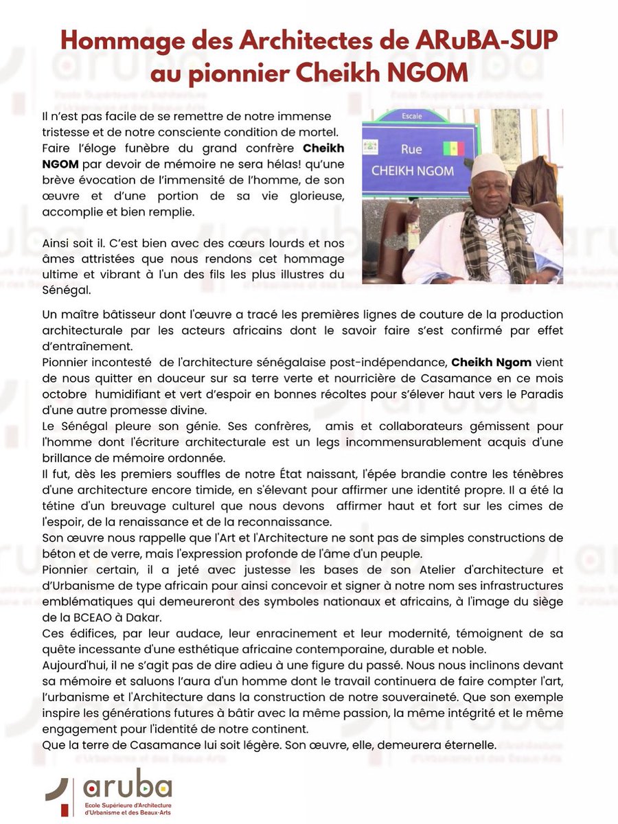 arubasup's tweet photo. Hommage à Cheikh NGOM🕊️
Que ton souvenir demeure à jamais.
Que le paradis soit ta demeure éternelle🙏🏽

#arubasup #rendrehommage #architecture #archi #oeuvres https://t.co/Ipkac0ZfMM